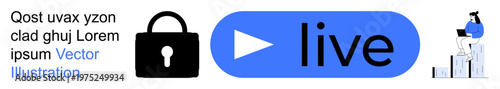 Cybersecurity, live streaming, digital safety, online security, content creation, business growth. Black lock icon, blue play button with live text chart with person on top. Cybersecurity and live