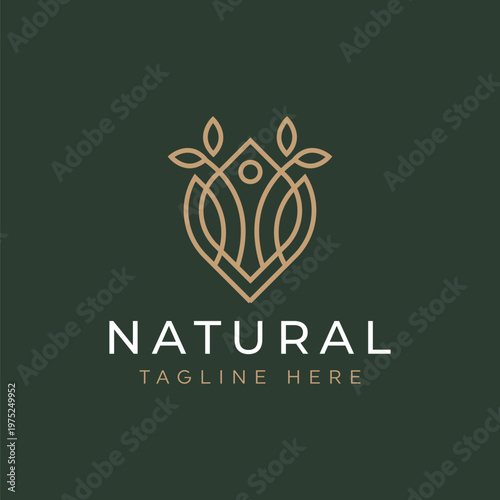 Elegant minimalist logo featuring a stylized leaf emblem, symbolizing nature, wellness, and organic