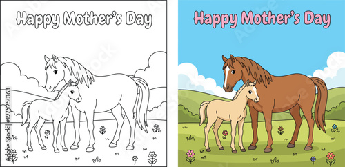 Mother’s Day horse mother and foal standing together in meadow cute cartoon vector