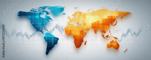 A digital world map with blue and orange color gradients, overlaid with financial graph lines, symbolizing global markets and economic trends.
