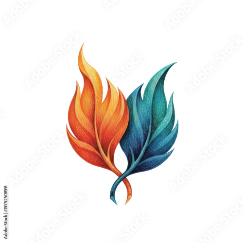 Two Stylized Leaves Representing Fire and Water Elements