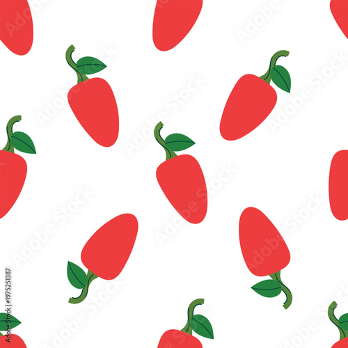 Red chili pepper seamless pattern in flat hand-drawn style. Vector background with fresh hot peppers for kitchen textile, spicy food packaging, organic restaurant decor, and healthy cooking blog wallp