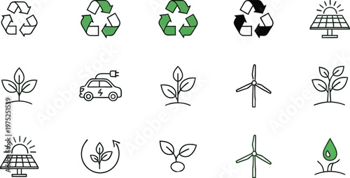 Comprehensive Set of Environmental and Renewable Energy Line Icons Illustrating Sustainability Concepts and Eco-Friendly Solutions Vector Collection
