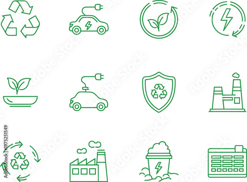Collection of green line icons representing environmental protection, sustainability, and renewable energy concepts, featuring recycling, electric vehicles, and eco-friendly industry.