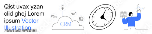 Customer relationship management, productivity, time tracking, business strategy, data visualization, teamwork. Cloud with CRM text, clock icon and professional holding analysis chart. CRM
