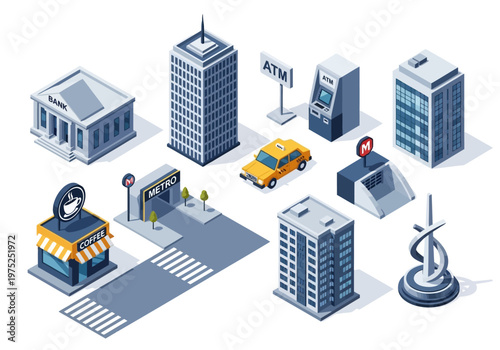 Isometric city elements collection including buildings, ATM, metro station, and taxi cab for urban design concepts