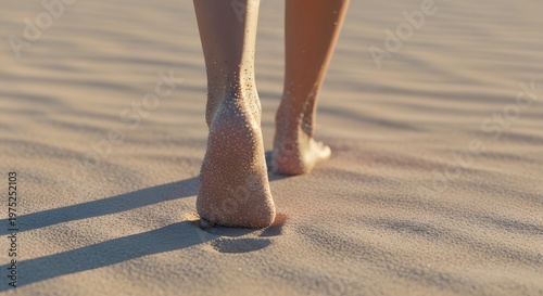 Female feet walking barefoot on fine sand at golden hour, natural sunlight creating soft shadows and warm highlights