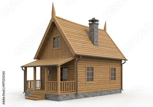 Cozy wooden cabin with stone foundation and chimney, nestled in a rustic mountain setting