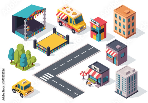 Isometric cityscape with street, buildings, food truck, stage, and taxi