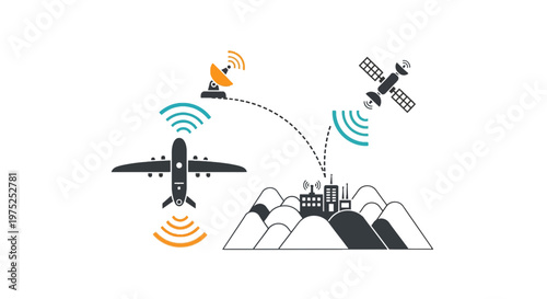 Global Satellite Communication and Aircraft Navigation System Vector Illustration with Wireless Signal Network