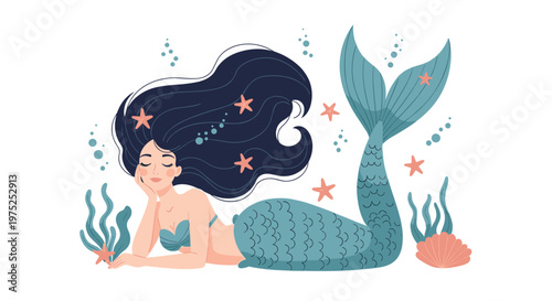 Beautiful mermaid with long dark hair and a blue fish tail resting underwater among starfish shells and seaweed.