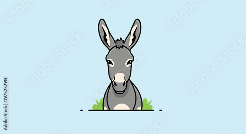 Simple illustration of a donkey head peering forward from behind green grass against a light blue background.