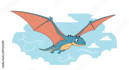 Blue pterodactyl dinosaur flying high in the sky with orange wings among fluffy clouds and wind swirls.