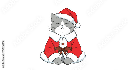 Adorable gray and white cat dressed in a red santa claus hat and coat for a festive christmas celebration.