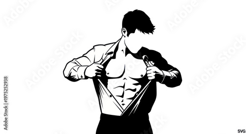 Man reveals muscular chest, unbuttoning shirt to show abs, superhero silhouette