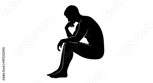 Silhouette of a pensive man sitting, deep in thought against a white background