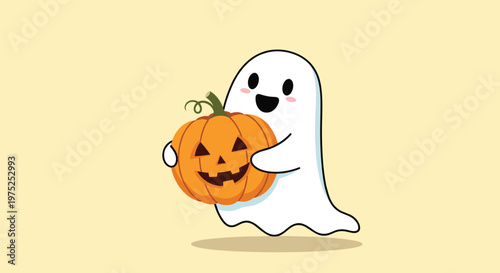 Adorable little white ghost with a friendly face holding a carved orange jack o lantern pumpkin against a light yellow background.