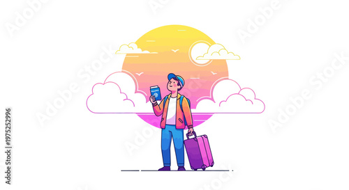 Young man with suitcase and passport, ready for travel, with sunset and clouds.