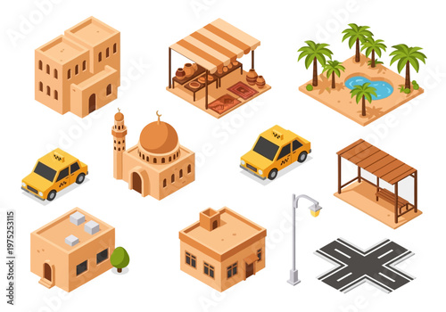 Set of Isometric buildings, cars, and palm trees in a desert city landscape with marketplace and mosque
