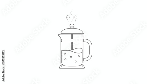 French Press Coffee Maker with Steam, Hot Beverage Preparation, Outline Icon
