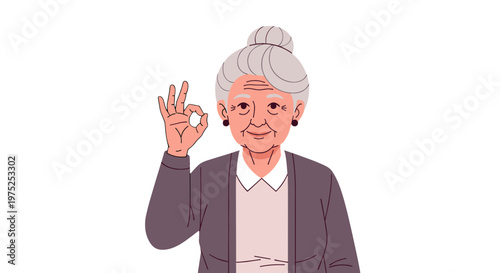 Cartoon elderly woman making an okay gesture and smiling