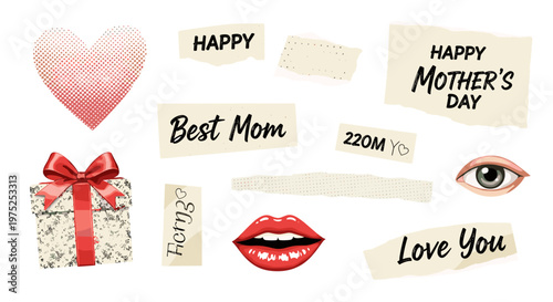 Collection of mothers day themed images with hearts gifts and messages