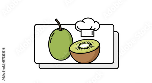 Fresh Kiwi Fruit and Chef Hat Icon on a White Background