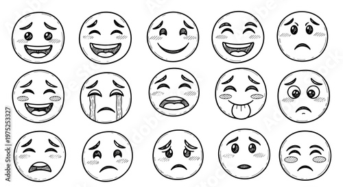 Collection of various expressive cartoon emoticons with different feelings