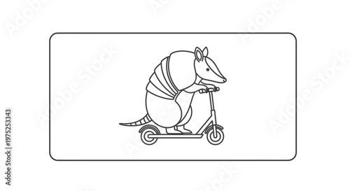 Funny Armadillo Riding Electric Scooter, Outline Cartoon Style