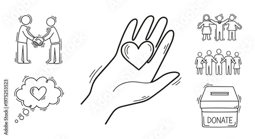 Collection of line art icons representing charity, donation, and support