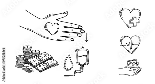Line drawing of healthcare and donation symbols