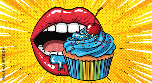 Pop art style illustration of a mouth with a cupcake and colorful background
