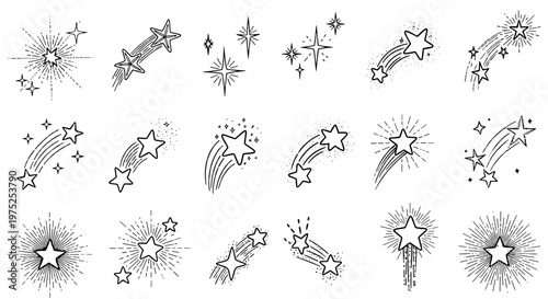 Collection of shooting stars and celestial objects in night sky