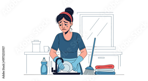 Young woman cleaning kitchen counter with cloth and spray bottle