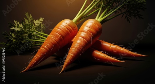 Fresh carrots with green tops on dark background