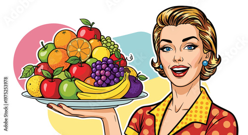 Vintage smiling woman holding a large colorful fruit platter