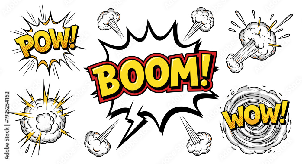 Fototapeta premium Comic style explosion effects with words pow boom wow in action