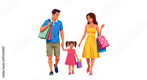 Happy family of three walking together with shopping bags