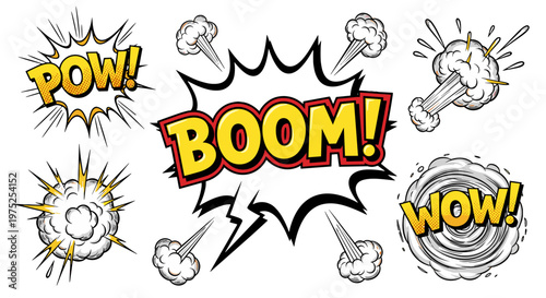 Comic style explosion effects with words pow boom wow in action