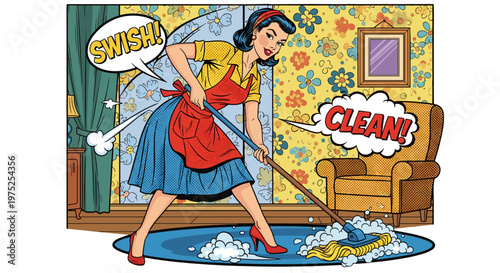 Woman cleaning floor with mop in colorful living room scene