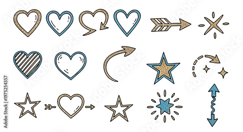 Collection of handdrawn hearts arrows stars and decorative elements