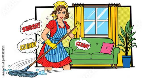 Illustration of a woman cleaning the living room with mop and bucket