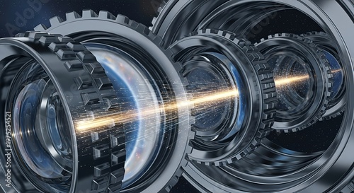 Intricate metallic gears with light beams, symbolizing technological advancement and precision