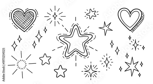 Collection of handdrawn stars hearts and sparkles for decoration