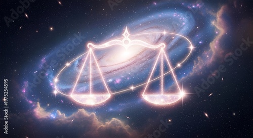 Libra zodiac sign artwork floating amidst a vibrant backdrop of cosmic space exploration