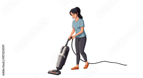 Young woman vacuuming floor with upright vacuum cleaner in home