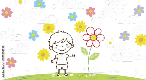 Child standing outdoors near a large colorful flower on a grassy hill