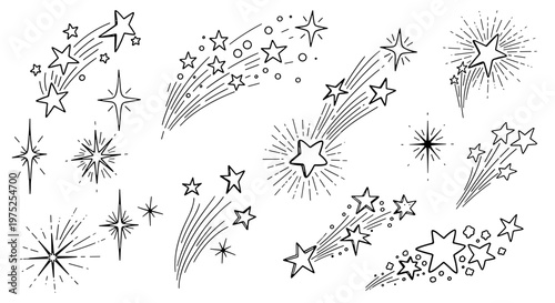 Collection of handdrawn shooting stars and celestial motifs