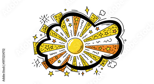 Colorful cartoon sun with clouds and rays