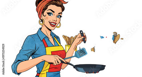 Happy woman cooking with frying pan and spatula in kitchen